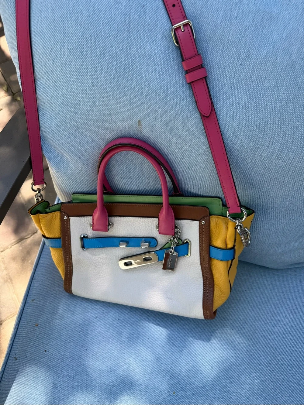 Coach Colorblock Leather Satchel in Pink, Yellow, White, Blue, Green, Brown